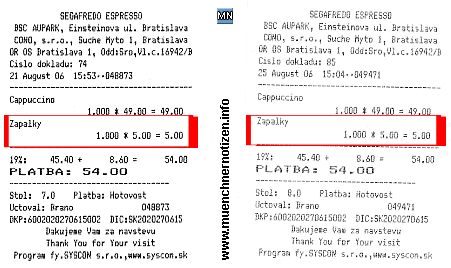 Faksimile der Rechnungen vom Segafredo Zanetti Espresso in Bratislava