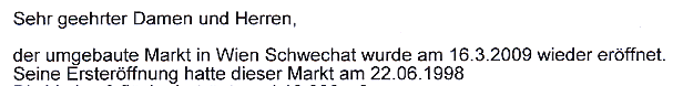 Faksimile aus der 1. Stellungnahme vom bauMax - auch uns versuchte man mit der "Wiedereröffnung" in die Irre zu führen