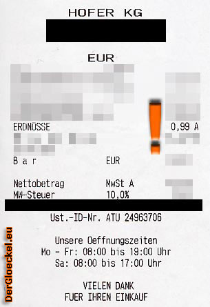 Die Rechnung von unserem Einkauf belegt den kassierten Preis von 0,99 Euro für FRANK´S Erdnüsse im HOFER-Supermarkt